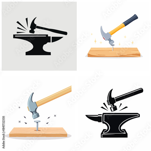Download vector hammering metal and wood vector illustrations of carpentry tools and construction concepts