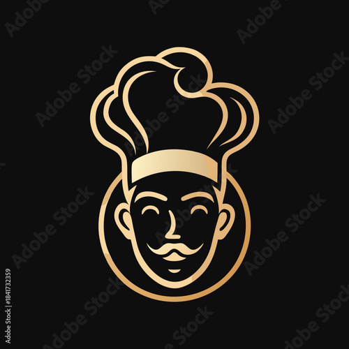A sophisticated golden chef logo illustration with a smiling face and traditional toque hat on a black background Vector