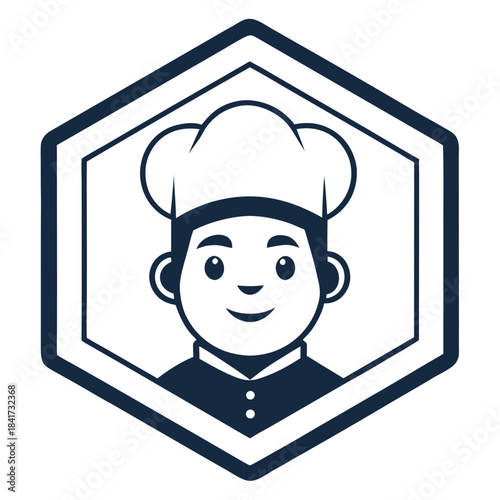 Happy young chef avatar portrait in a minimalist hexagonal frame logo design Vector