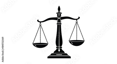 A striking black and white illustration of scales of justice representing balance and fairness silhouette