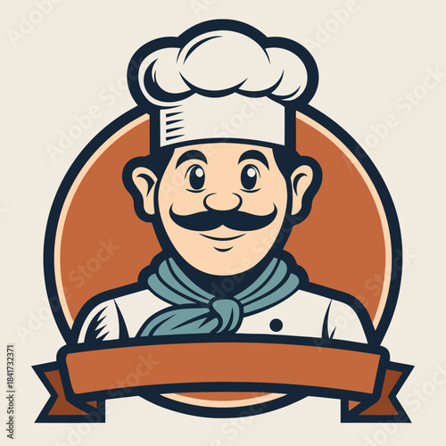 Professional smiling cartoon chef mascot wearing toque and scarf in logo style Vector