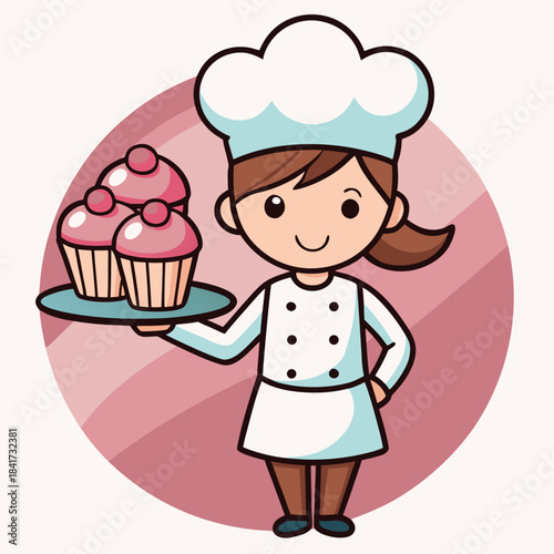 A cute cartoon illustration of a female baker presenting a tray full of freshly baked cupcakes Vector