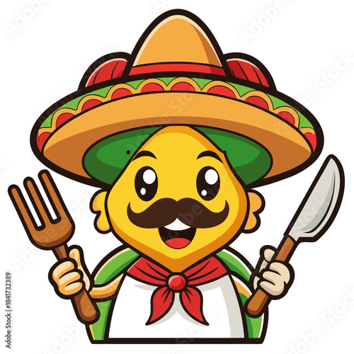 A friendly mexican mascot character with sombrero hat holding a fork and knife Vector