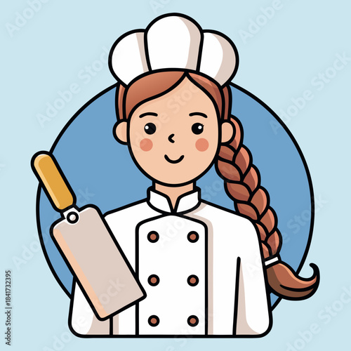 A charming illustration of a female chef character holding a rolling pin Vector