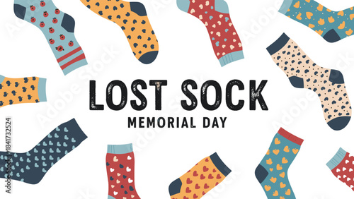 A fun and quirky banner for Lost Sock Memorial Day featuring a variety of colorful patterned socks scattered on a white background.
