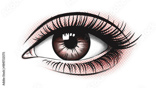 Detailed close-up illustration of a beautiful woman's brown eye with long eyelashes in a retro pop art or comic book halftone style.