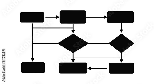 A diagram showcasing a flow chart with interconnected squares and diamonds represented as a silhouette