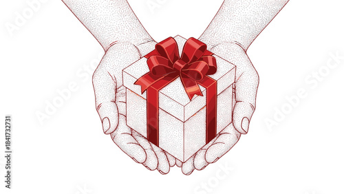 A pair of hands illustrated in a classic stipple or dot work style, carefully holding a gift box with a large red ribbon bow.