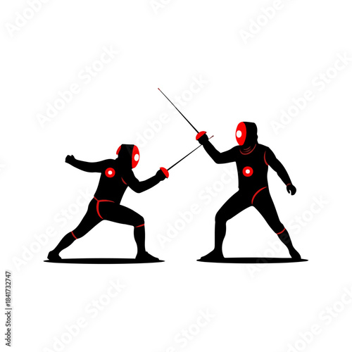 Dynamic fencing duel illustration, two athletes in red and black gear, competitive sport action, stylized graphic representation