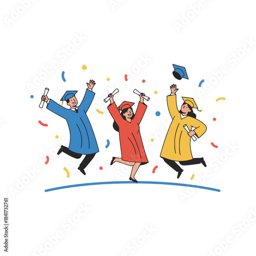 Happy diverse university graduates celebrating academic success, jumping with diplomas and confetti flying around