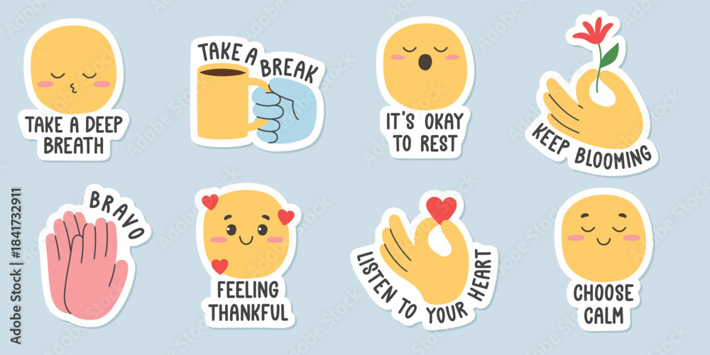 Fototapeta premium Set of stickers with inspirational phrases. Mental health and empathy concept. Template for cards, posters, social media, prints