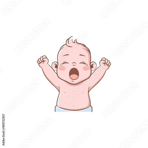 Cute cartoon baby crying illustration, upset infant with open mouth and tears, vector graphic isolated on white background