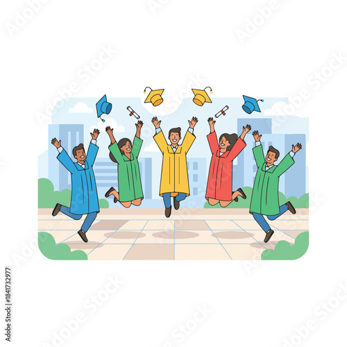 Diverse group of happy young graduates jumping in the air, celebrating academic success and achievement
