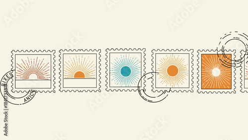 A row of vintage-style postage stamps with various sun and sunrise designs, complete with retro postmark cancellations on a beige background.