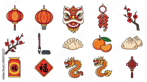 Colorful Chinese New Year festive elements and traditional decorations.