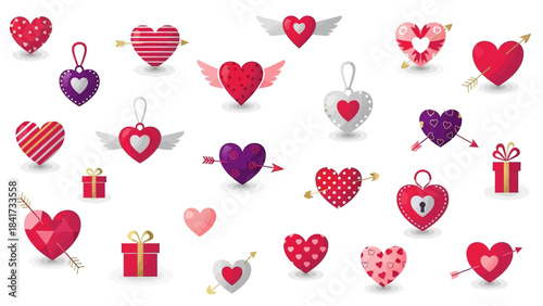 Collection of Valentines Day hearts with arrows and gifts.