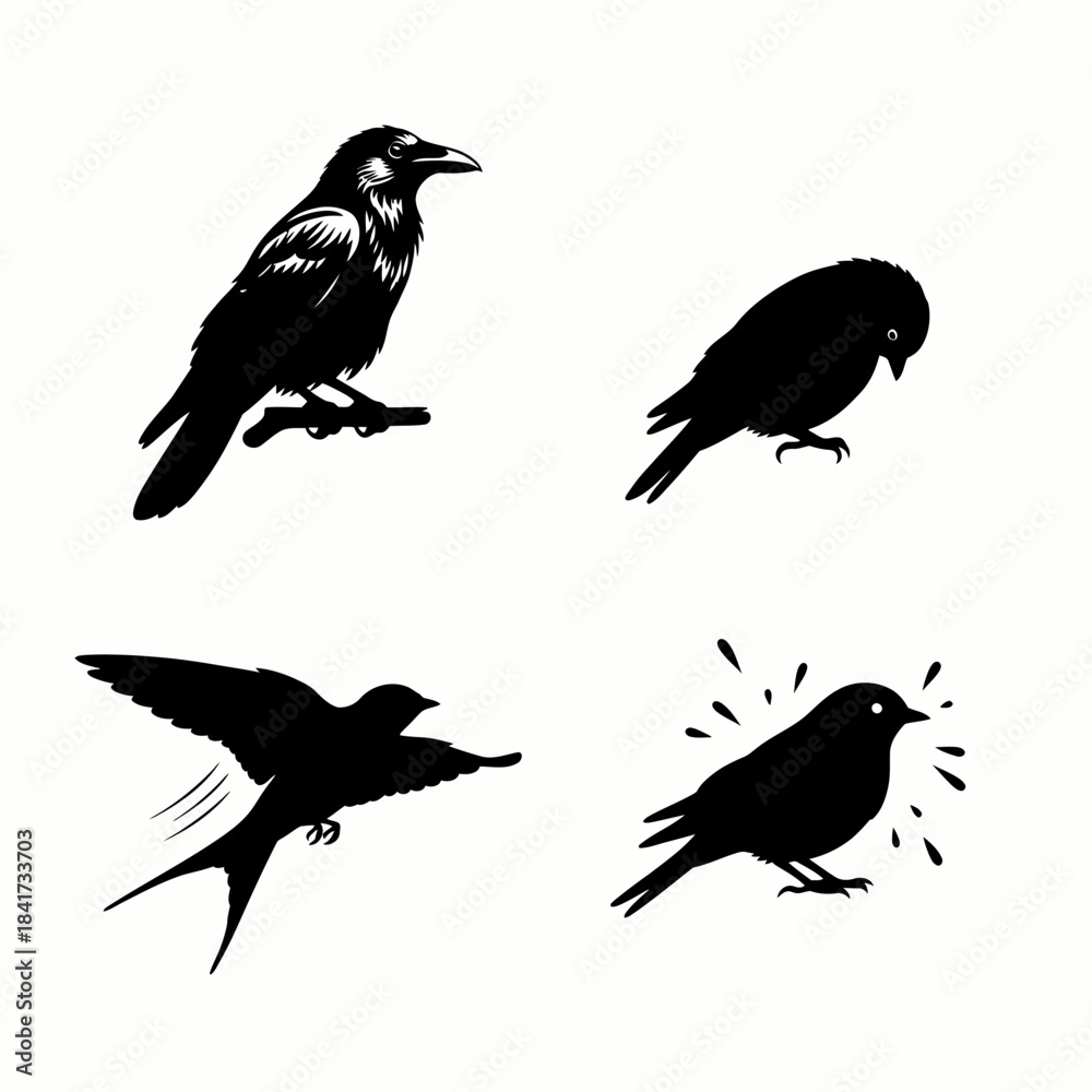 Fototapeta premium Collection of black bird silhouettes including raven, swallow, and songbirds, vector illustration.