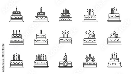 Collection of various birthday cakes with lit candles, line art illustrations.