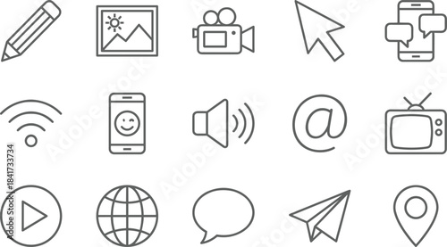Communication, Media, and Digital Technology Icons: Essential Line Art Set for Social Networking, Online Messaging, Global Internet, and Content Creation Vector