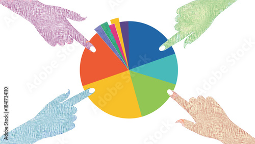 A collaborative business concept with four colorful dot-art hands pointing to different segments of a vibrant circular pie chart.