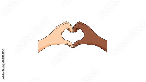 Two hands with different skin tones coming together to form a heart shape, symbolizing love, unity, and interracial friendship.