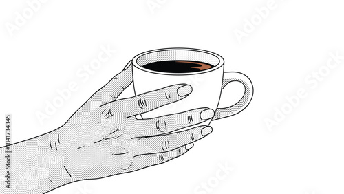 A simple and classic black and white illustration of a hand holding a cup of coffee, rendered in a retro dot work or stipple style.