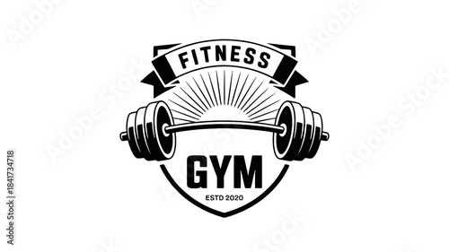 Fitness gym logo design with barbell weights for modern workout brand identity, dark mode aesthetic for athletic apparel and merchandise designs