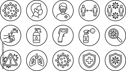 Covid-19 pandemic prevention icon set, coronavirus symbols, social distancing, medical mask, hand sanitizer, health protection, outline vector collection, safety.