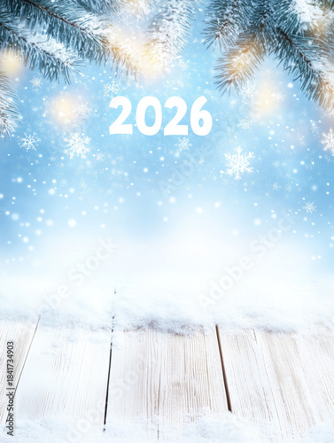 A bright winter scene with snowy wood planks and frosted pine branches framing the year 2026, symbolizing renewal, fresh beginnings, and peaceful seasonal celebration.