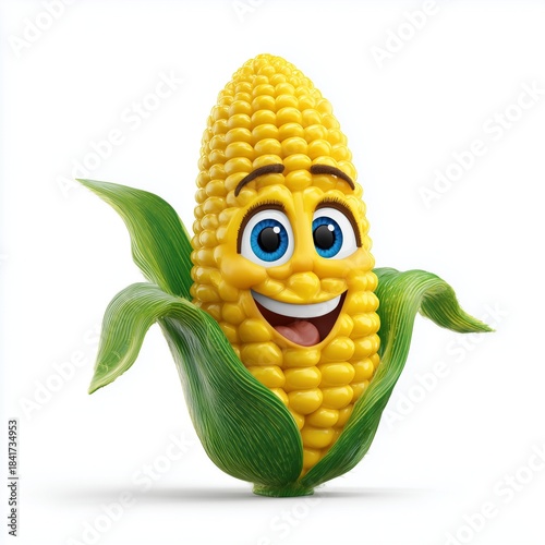 A cartoon-style corn with bright yellow kernels and expressive blue eyes, isolated on a white background.