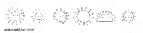Set of cute doodle suns with smiling faces. Hand drawn vector collection in minimal summer style. Vector illustration on an isolated background.