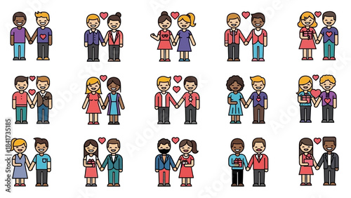 Diverse Couples Holding Hands in a Set of Illustrations.