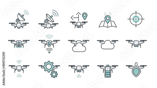 Drone technology icons set for aerial surveillance and delivery services.