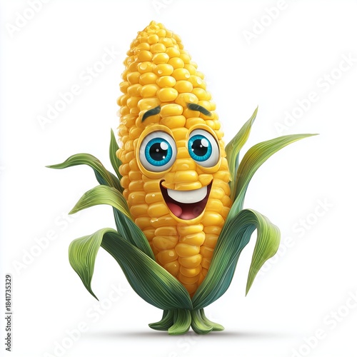 A cartoon-style corn with bright yellow kernels and expressive blue eyes, isolated on a white background.