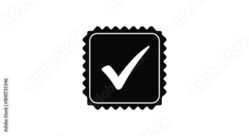 A black stamp with a white checkmark inside displaying confirmation and approval a bold silhouette