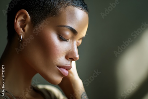 Close portrait of a woman with freshly cut very short hair, strong emotional moment, soft shadows, muted tones, contemporary interior, emphasizing transformation, empowerment, and new beginnings.