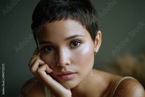 Close portrait of a woman with freshly cut very short hair, strong emotional moment, soft shadows, muted tones, contemporary interior, emphasizing transformation, empowerment, and new beginnings.