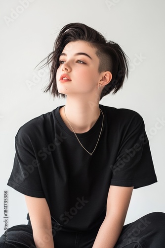 Nonbinary teen expressing identity through an edgy asymmetrical haircut in a minimalist studio portrait.