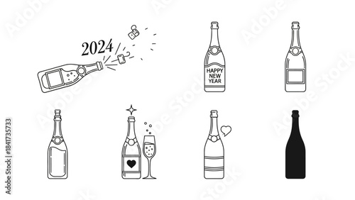 Elegant Champagne Bottle Illustrations for New Year Celebrations and Festive Events.