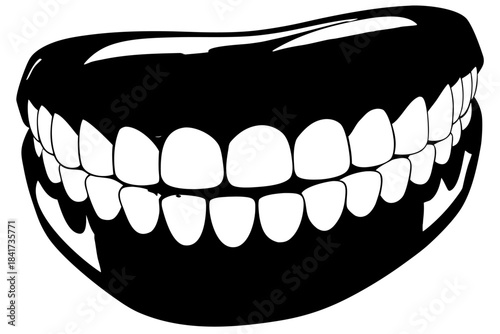 Chocolate cake illustration next to vector illustration of an apple on white and colored backgrounds, and a cartoon woman's smile for dental health