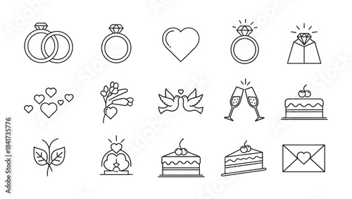 Elegant Wedding Icons - Rings, Hearts, Cake, and Champagne Glasses.