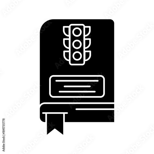 Traffic Rules Guidebook Icon  Line art illustration of a traffic rulebook featuring a traffic light symbol on the cover. Simple and clean icon suitable for driving education, road safety guidelines, m