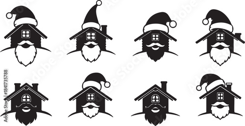 Eight black and white gnome illustrations in various orientations