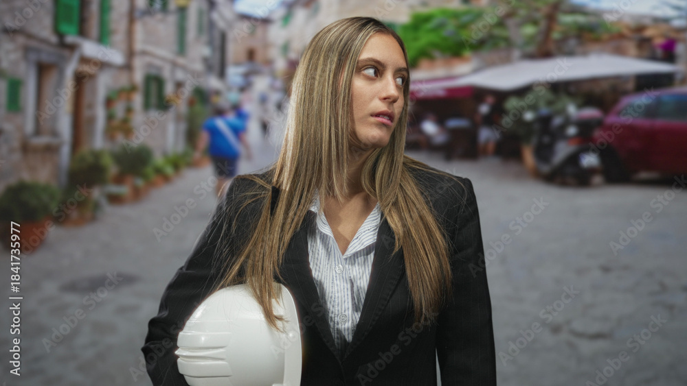 Fototapeta premium Woman holding white hardhat in a blazer, looking sideways with a skeptical mouth on a cobbled street; skepticism.