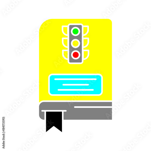 Traffic Rules Guidebook Icon  Line art illustration of a traffic rulebook featuring a traffic light symbol on the cover. Simple and clean icon suitable for driving education, road safety guidelines, m