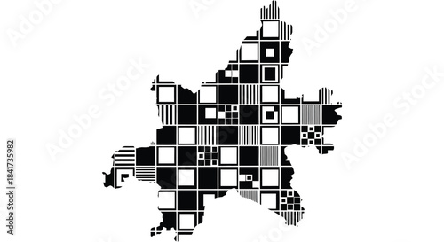 An abstract depiction of a dinosaur composed of black and white squares a striking silhouette