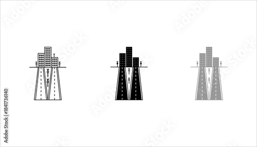 Urban Highway Road with Buildings Icon set. Minimalist black and white illustration of an urban highway leading into a city skyline. Flat icon set .showing road lanes, skyscrapers, and pedestrians, 
