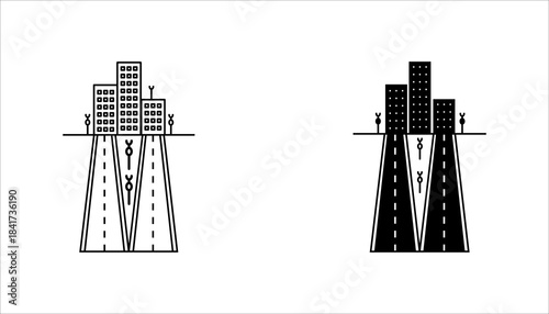 Urban Highway Road with Buildings Icon set. Minimalist black and white illustration of an urban highway leading into a city skyline. Flat icon set .showing road lanes, skyscrapers, and pedestrians, 