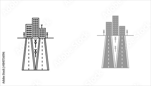 Urban Highway Road with Buildings Icon set. Minimalist black and white illustration of an urban highway leading into a city skyline. Flat icon set .showing road lanes, skyscrapers, and pedestrians, 