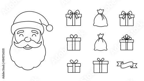 Santa Claus face and Christmas gift icons line art.
